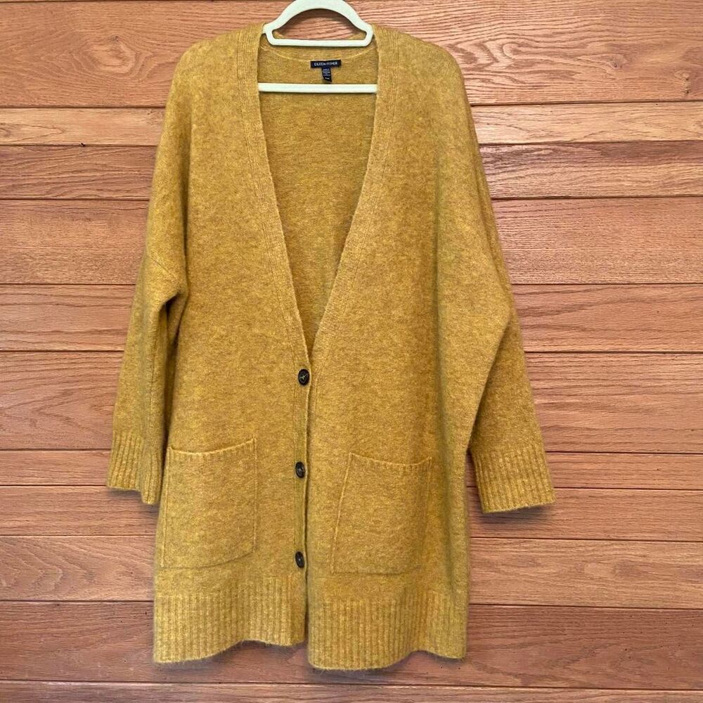 Eileen Fisher mustard yellow mohair wool blend button front v-neck cardigan